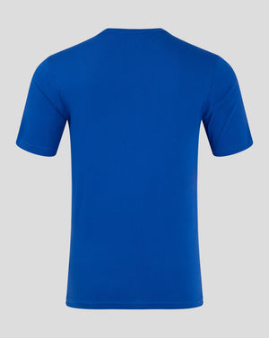 Back view of blue mens cotton leisure tee with short sleeves and crew neck