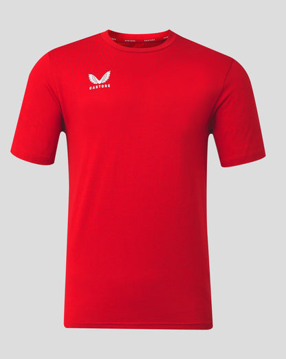 Bright red cotton leisure tee with white winged Castore logo on the left chest