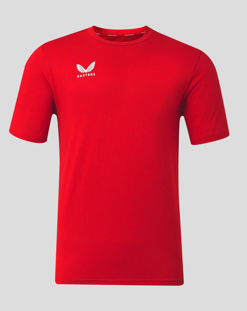 Bright red cotton leisure tee with white winged Castore logo on the left chest