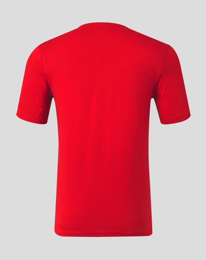 Rear view of true red men's cotton leisure tee with short sleeves