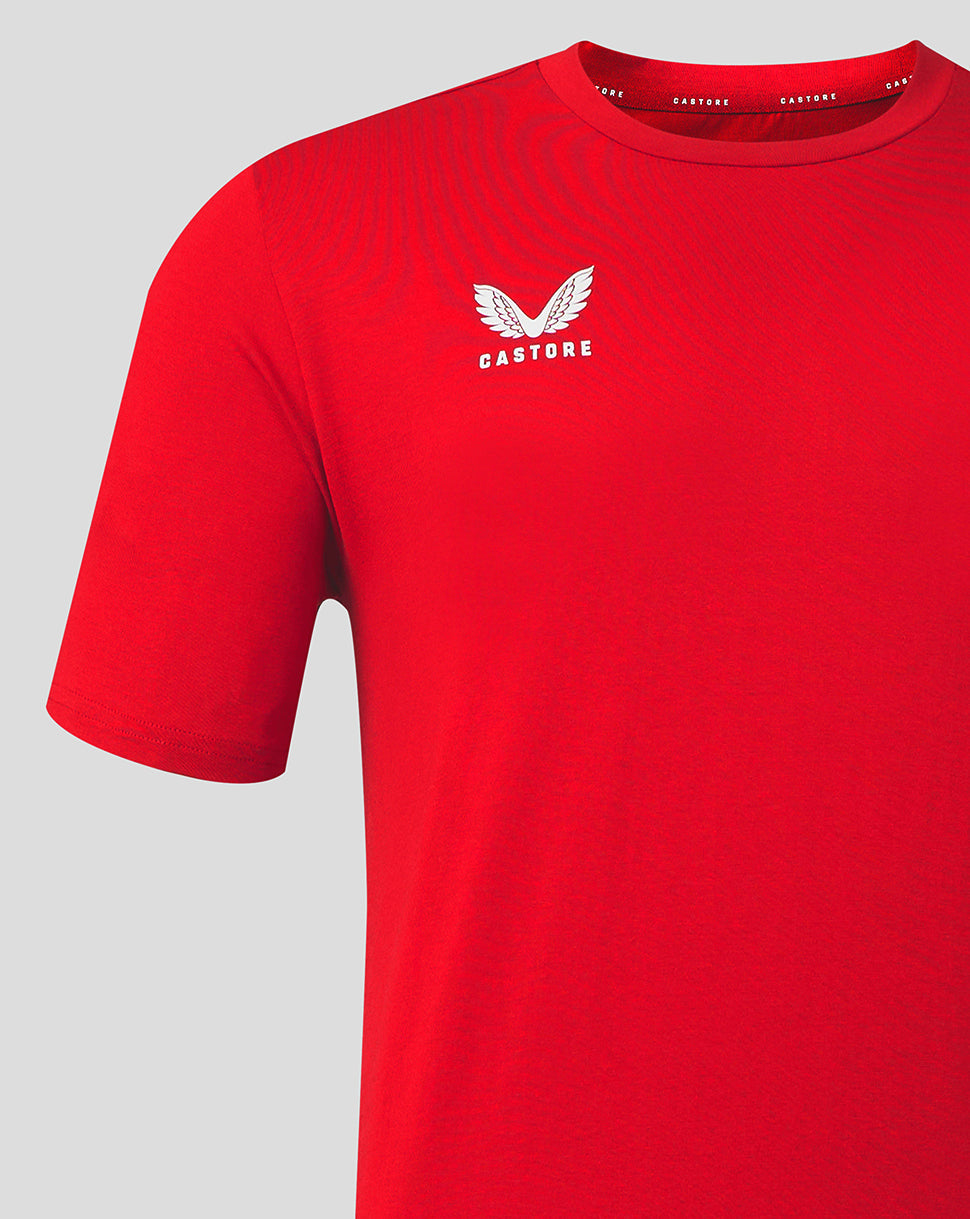 Front view of red cotton leisure tee with white Castore wing logo on left chest