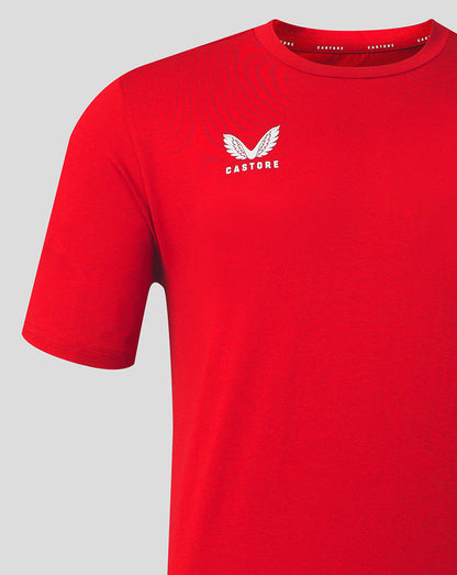 Front view of red cotton leisure tee with white Castore wing logo on left chest