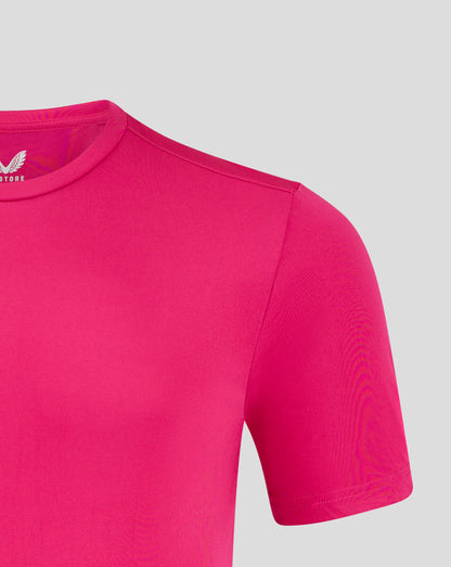 Front chest view of beetroot purple tee featuring white Castore logo with wings