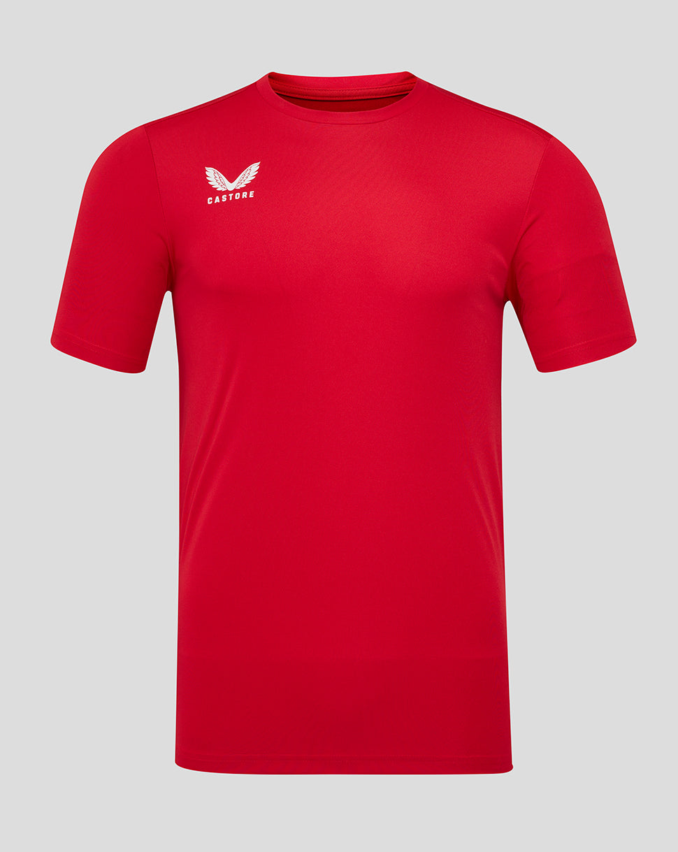 Front view of Barbados Cherry red short sleeve training tee with a small white wing logo on the left chest.