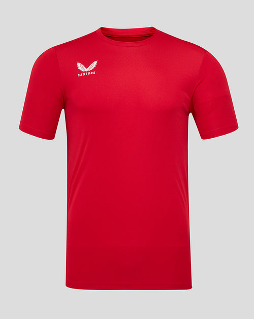 Front view of Barbados Cherry red short sleeve training tee with a small white wing logo on the left chest.
