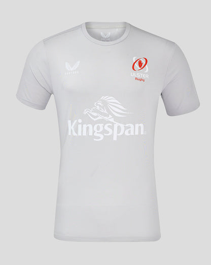 Front view of Ulster Rugby training tee in light grey with large Kingspan logo and Castore branding.