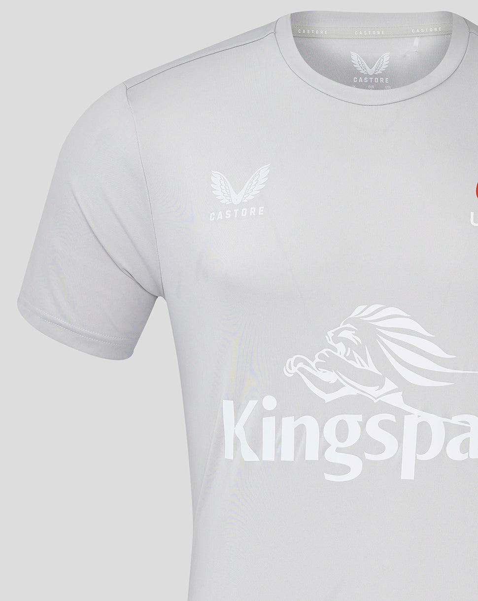 Close up of Castore logo and large Kingspan graphic on the front of the Ulster Rugby training tee.