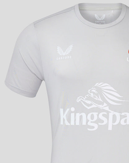 Close up of Castore logo and large Kingspan graphic on the front of the Ulster Rugby training tee.