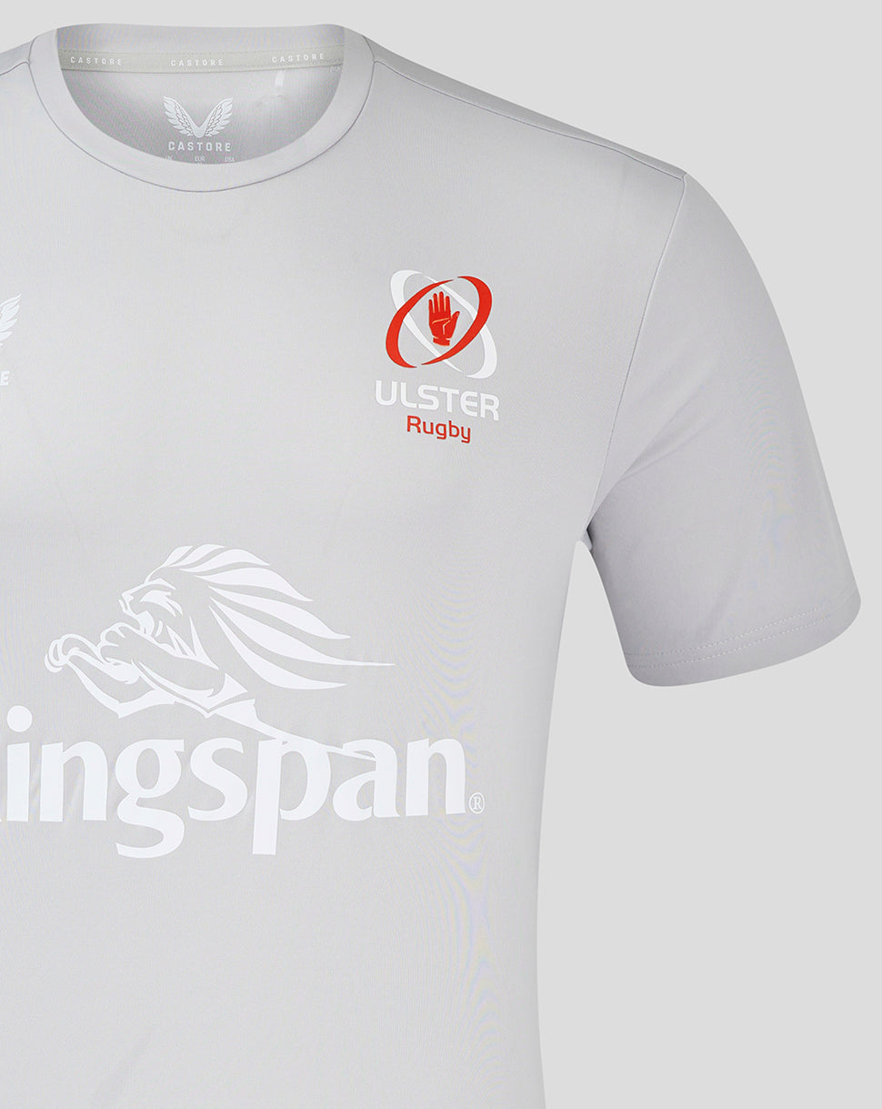 Close up of Ulster Rugby crest on chest with Castore logo on a light grey training tee.