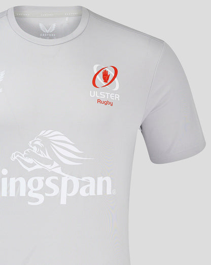 Close up of Ulster Rugby crest on chest with Castore logo on a light grey training tee.