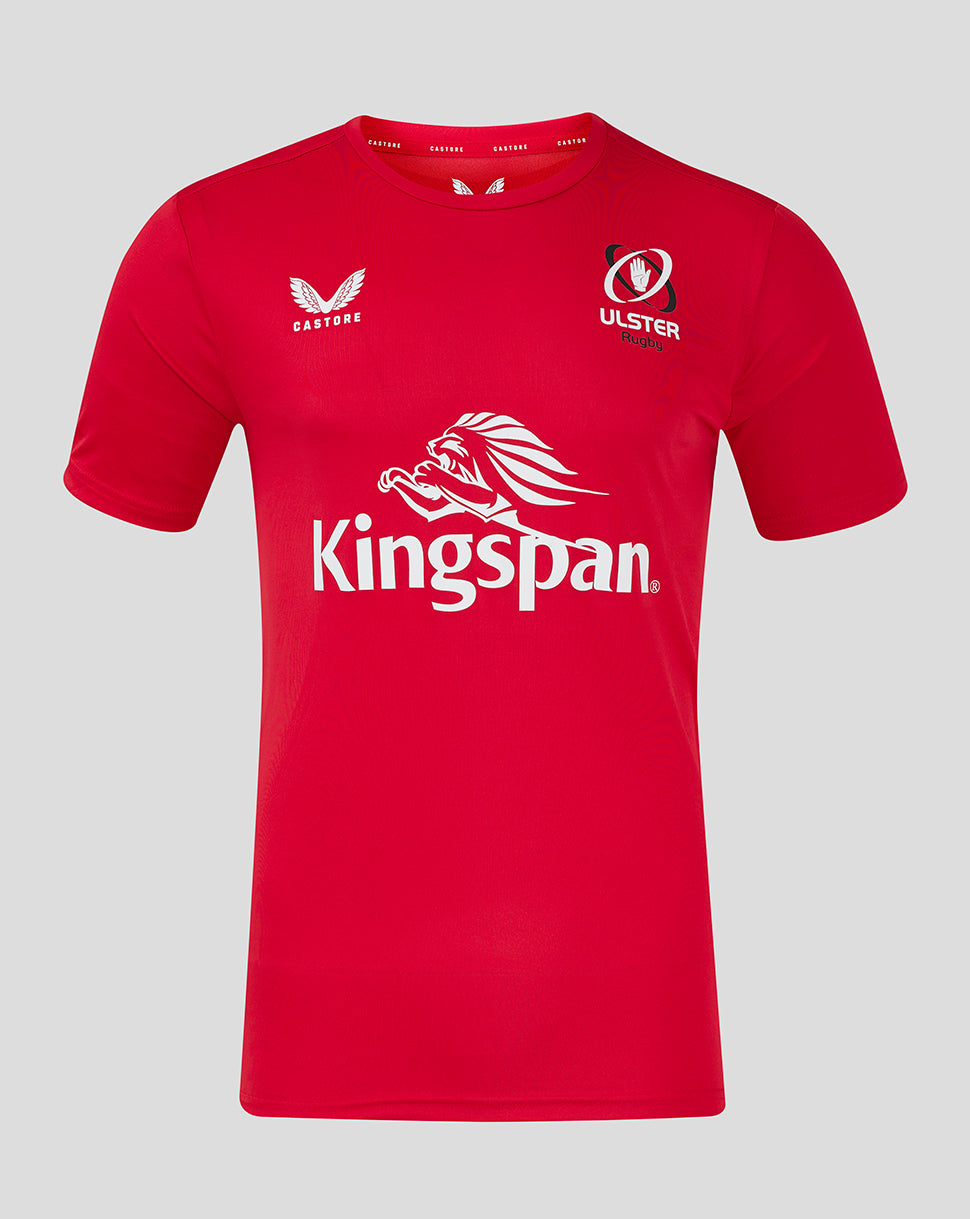 Front view of red ULSter training tee with large Kingspan logo across chest and Castore branding on the chest