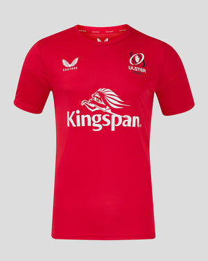 Front view of red ULSter training tee with large Kingspan logo across chest and Castore branding on the chest