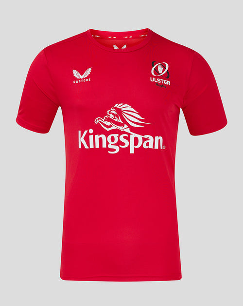 Front view of red ULSter training tee with large Kingspan logo across chest and Castore branding on the chest