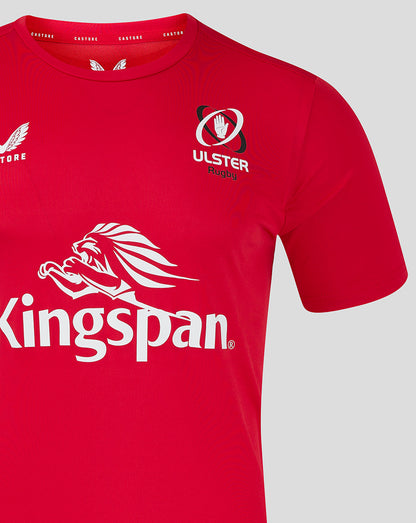 Ulster Rugby training tee in true red with large white Kingspan sponsor across the front and Ulster crest on the chest