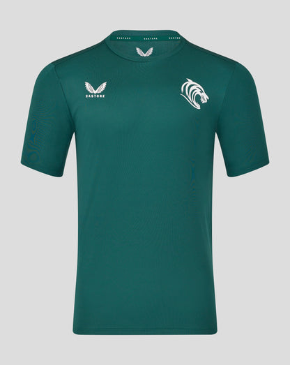 Front view of teal Leicester Tigers training T shirt with small Castore logo on the left chest and a large white tiger head crest on the right chest