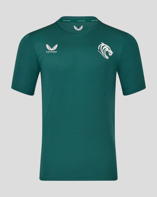 Front view of teal Leicester Tigers training T shirt with small Castore logo on the left chest and a large white tiger head crest on the right chest
