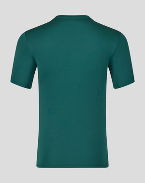 Back view of teal Leicester Tigers training T shirt with collar and Castore branding along the neck trim