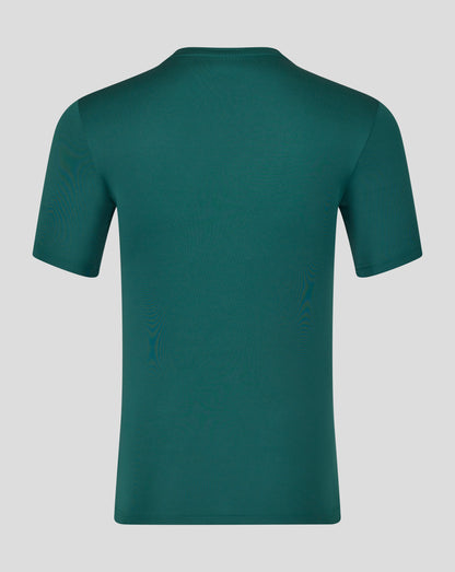 Back view of teal Leicester Tigers training T shirt with collar and Castore branding along the neck trim