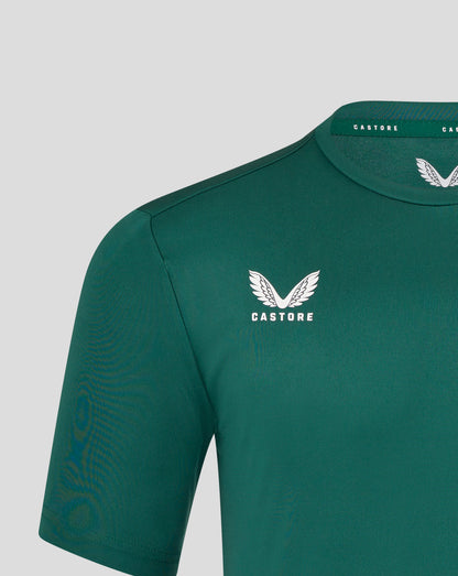Close up of green Leicester Tigers training T shirt showing white wing crest and Castore branding on the collar