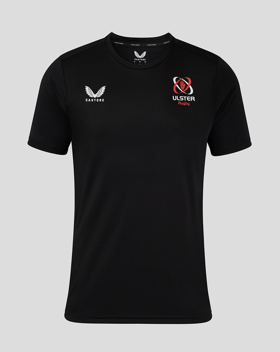Front view of black Ulster Rugby training tee with Castore logo and Ulster crest on the chest