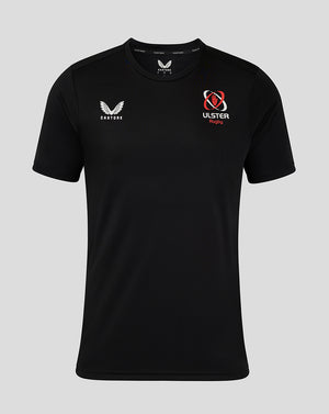Front view of black Ulster Rugby training tee with Castore logo and Ulster crest on the chest