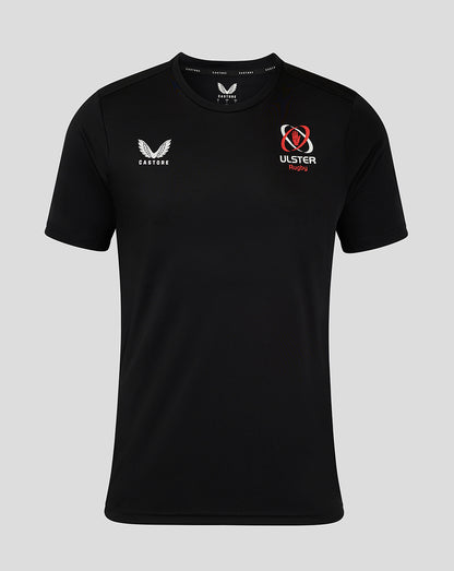 Front view of black Ulster Rugby training tee with Castore logo and Ulster crest on the chest