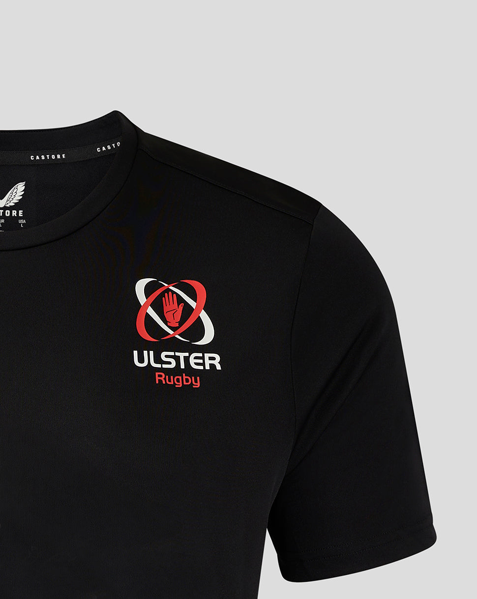 Close up of the black Ulster rugby training tee chest showing the crest and Castore logo