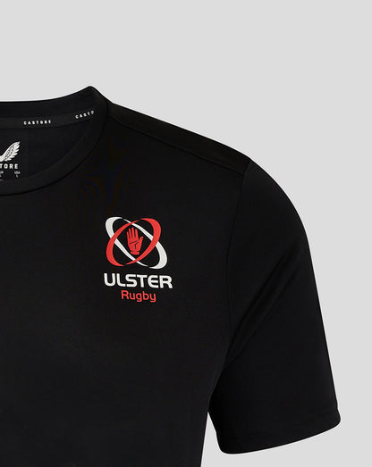 Close up of the black Ulster rugby training tee chest showing the crest and Castore logo