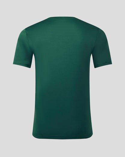 Back view of forest green men's performance tee with heat sealed Castore logo at the neckline.