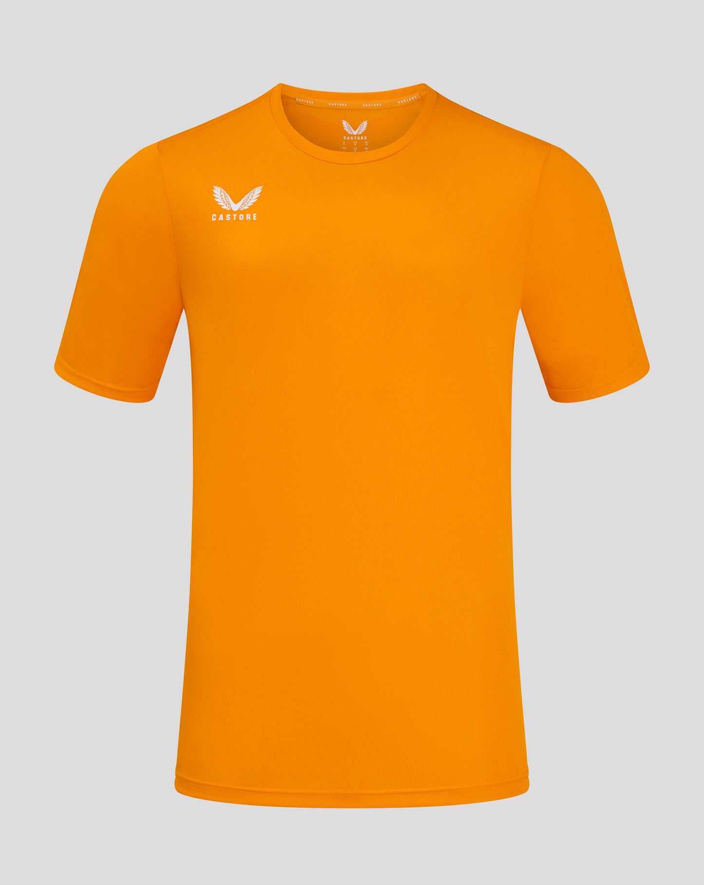Bright marigold men's performance tee with white Castore wing logo on the left chest and a crew neck