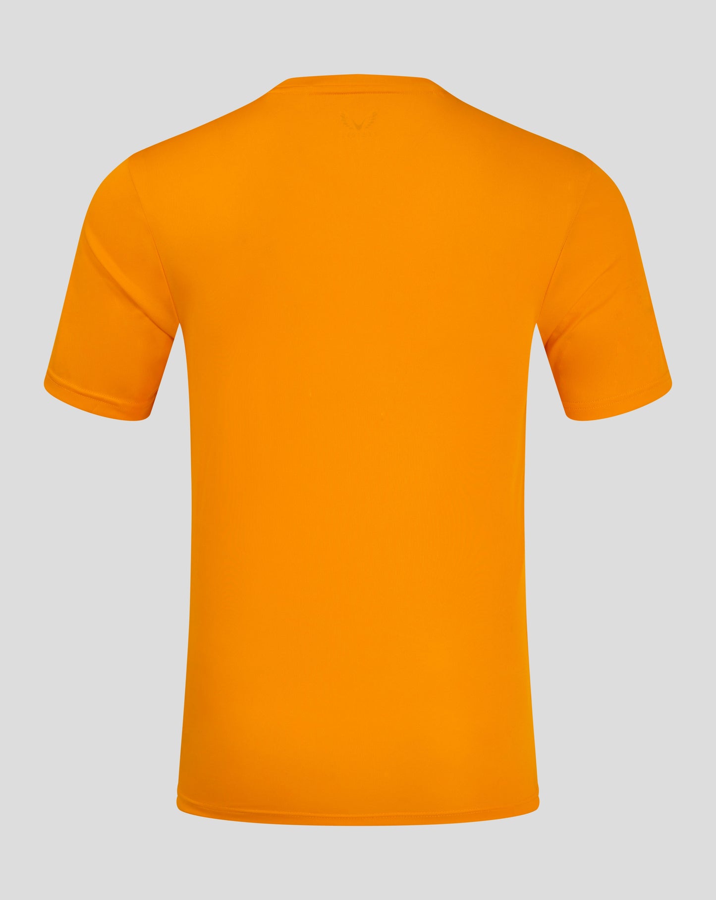 Back view of bright marigold performance tee highlighting the forward shoulder seam