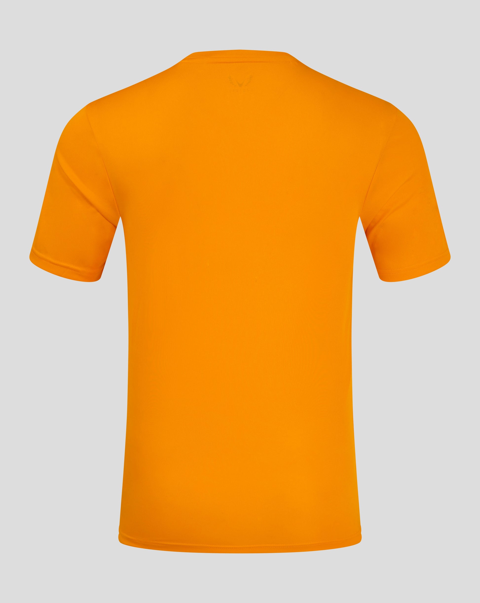 Back view of bright marigold performance tee highlighting the forward shoulder seam