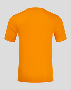 Back view of bright marigold performance tee highlighting the forward shoulder seam