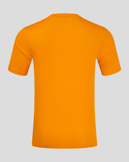 Back view of bright marigold performance tee highlighting the forward shoulder seam