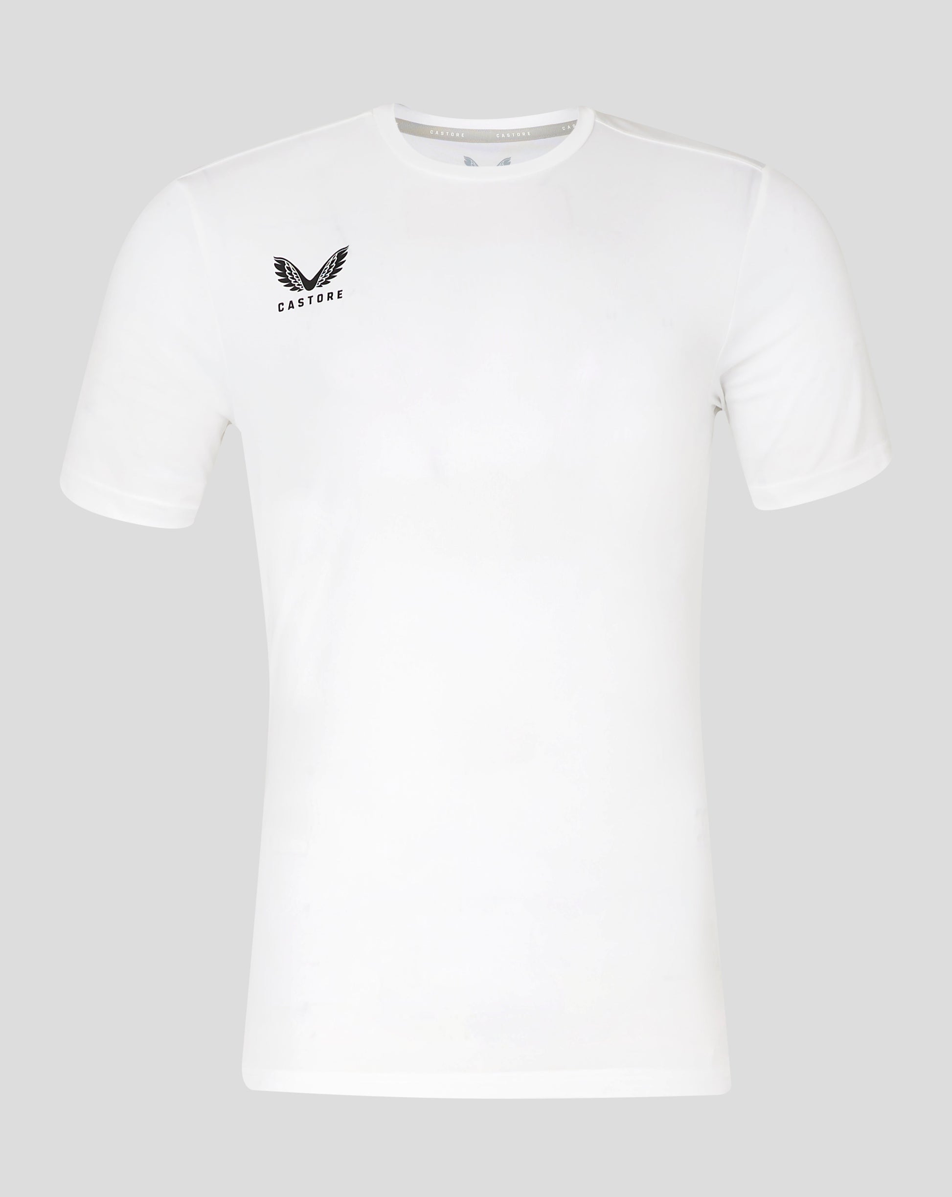 Brilliant white Castore performance tee with left chest wing logo and crew neck