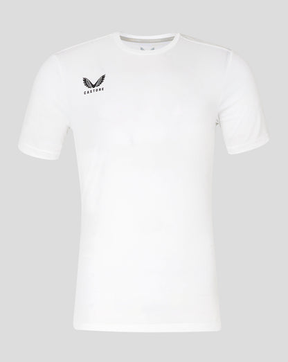 Brilliant white Castore performance tee with left chest wing logo and crew neck