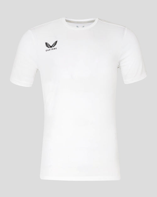 Brilliant white Castore performance tee with left chest wing logo and crew neck