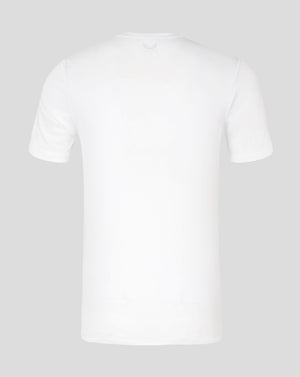 Back view of white men's performance tee with faint Castore logo at the neckline