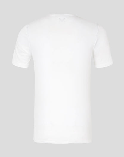 Back view of white men's performance tee with faint Castore logo at the neckline