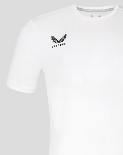 Front view of white performance tee showing left chest Castore logo and shoulder detail