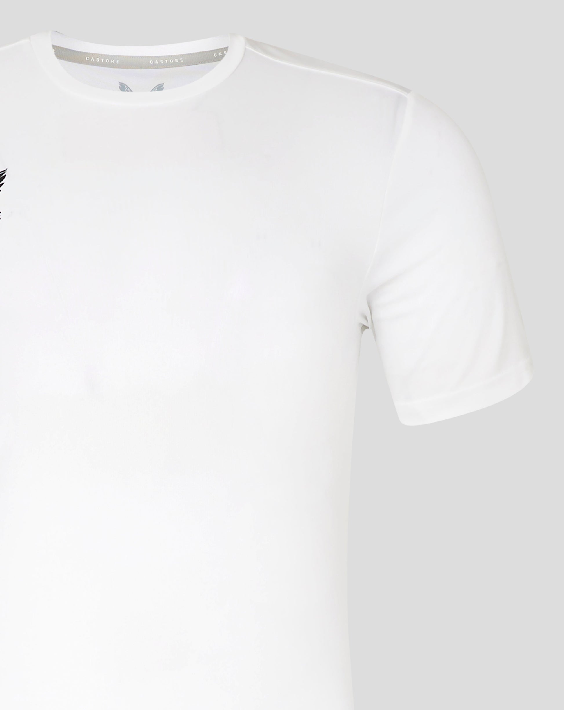 Close up of white performance tee neckline with gray Castore branded inner collar tape