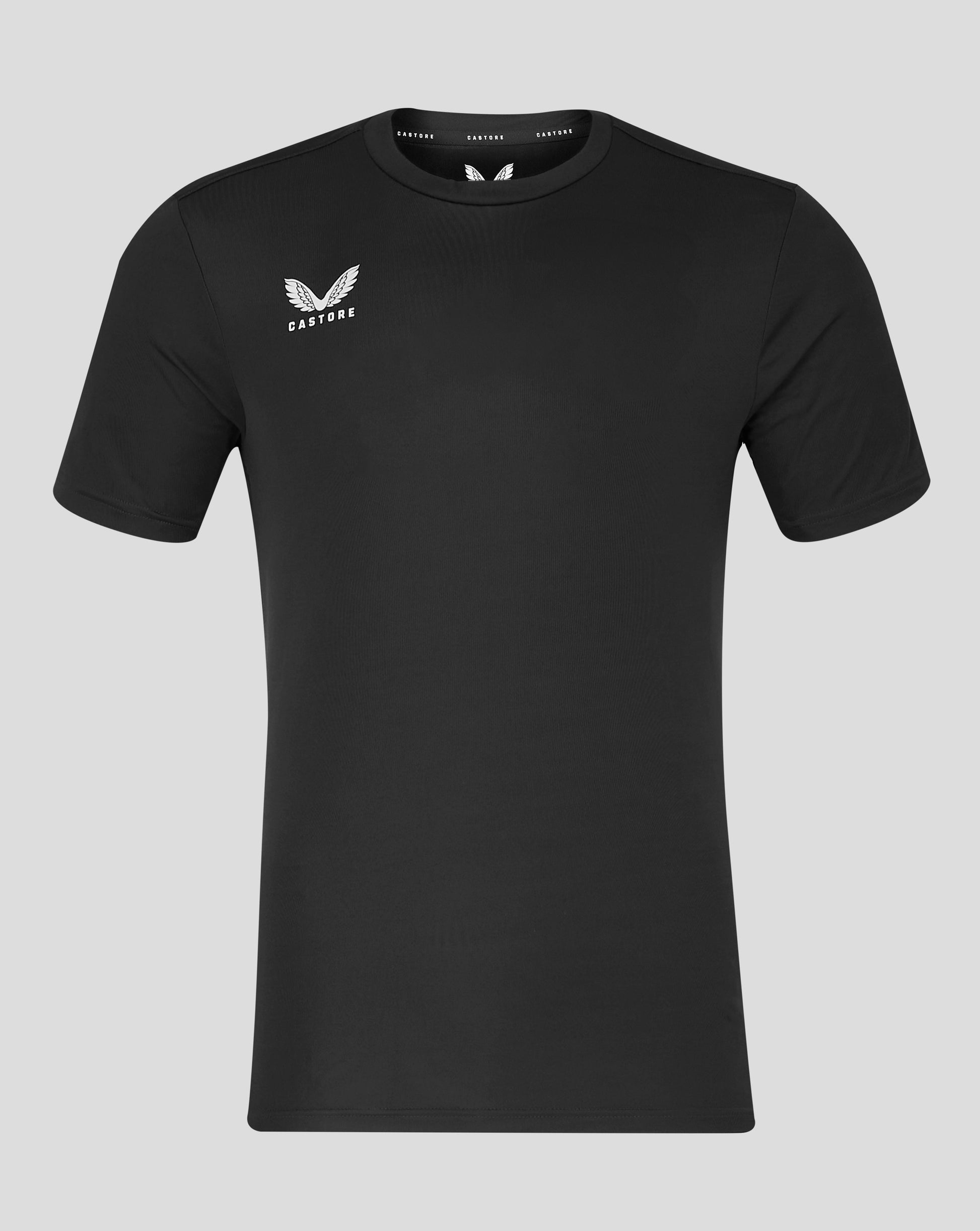Front view of black Men's Performance Tee with white Castore logo on the left chest