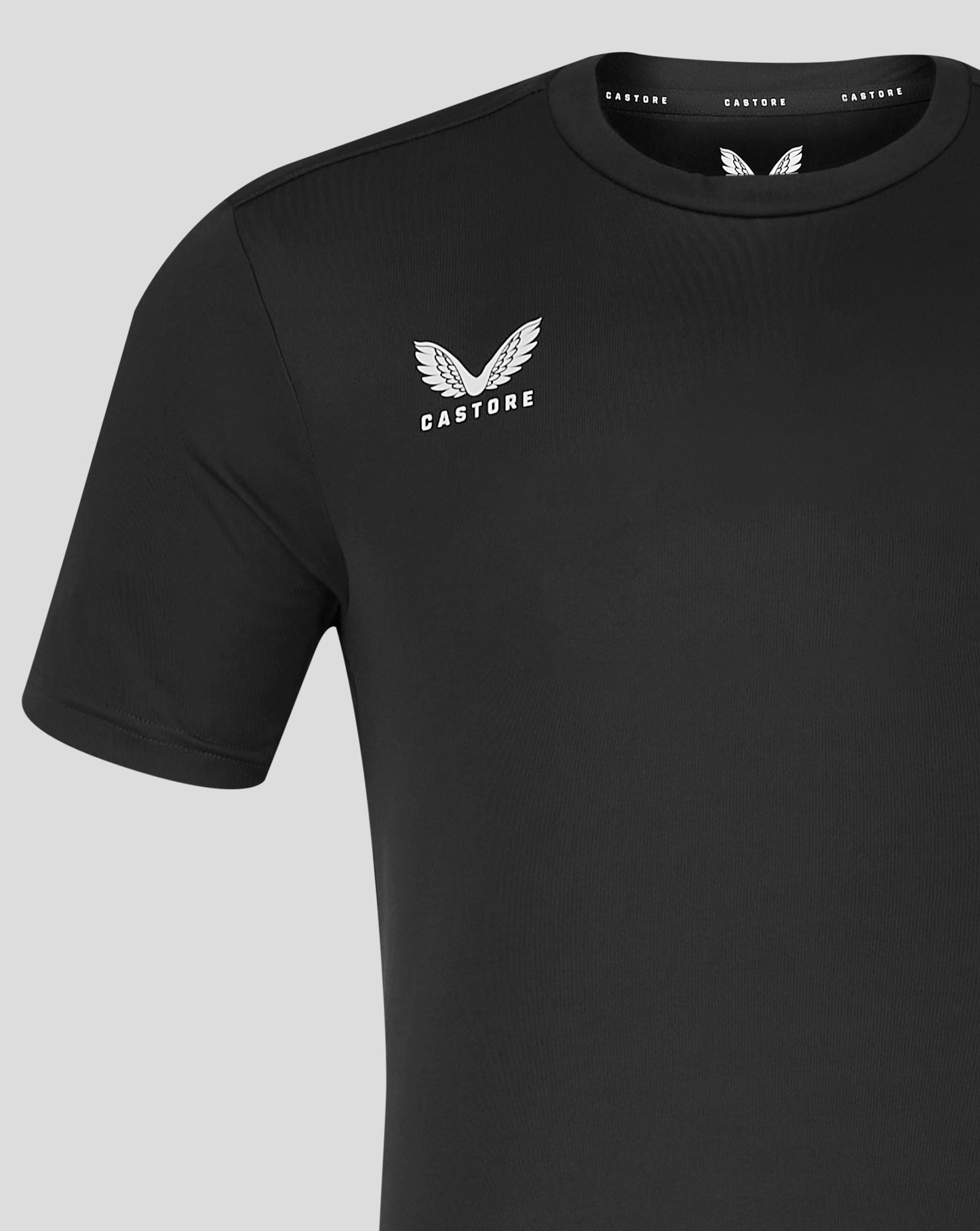 Black Castore men's performance tee with white wing logo on the left chest and crew neck