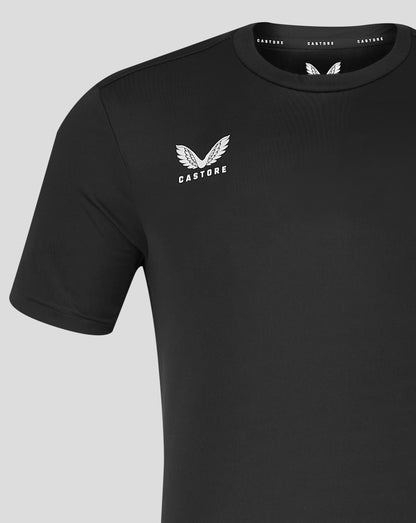 Black Castore men's performance tee with white wing logo on the left chest and crew neck