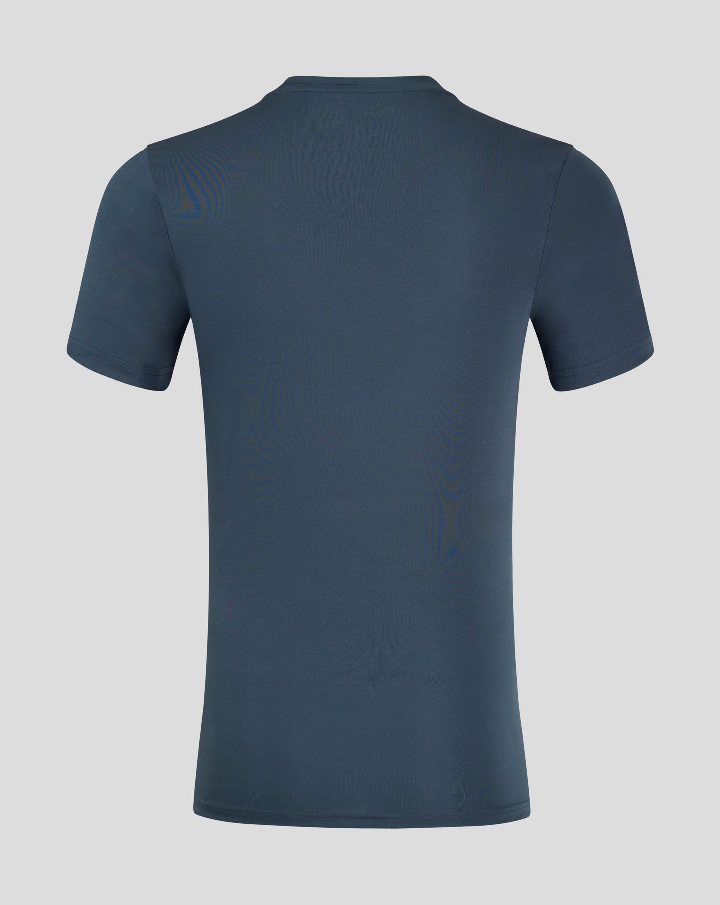 Back view of dark slate men's performance tee showing crew neck, set in sleeve construction and forward shoulder seam