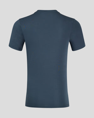 Back view of dark slate men's performance tee showing crew neck, set in sleeve construction and forward shoulder seam