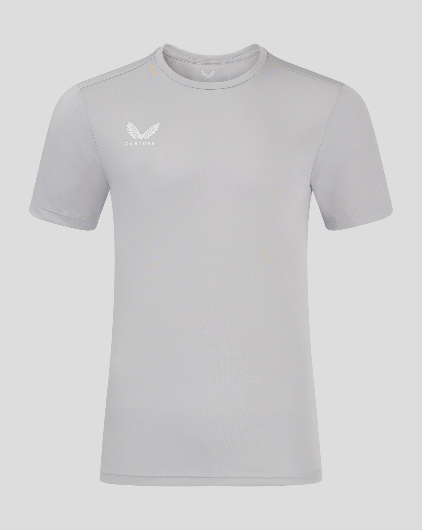 Front view of light gray men's performance tee with white Castore wing logo on left chest