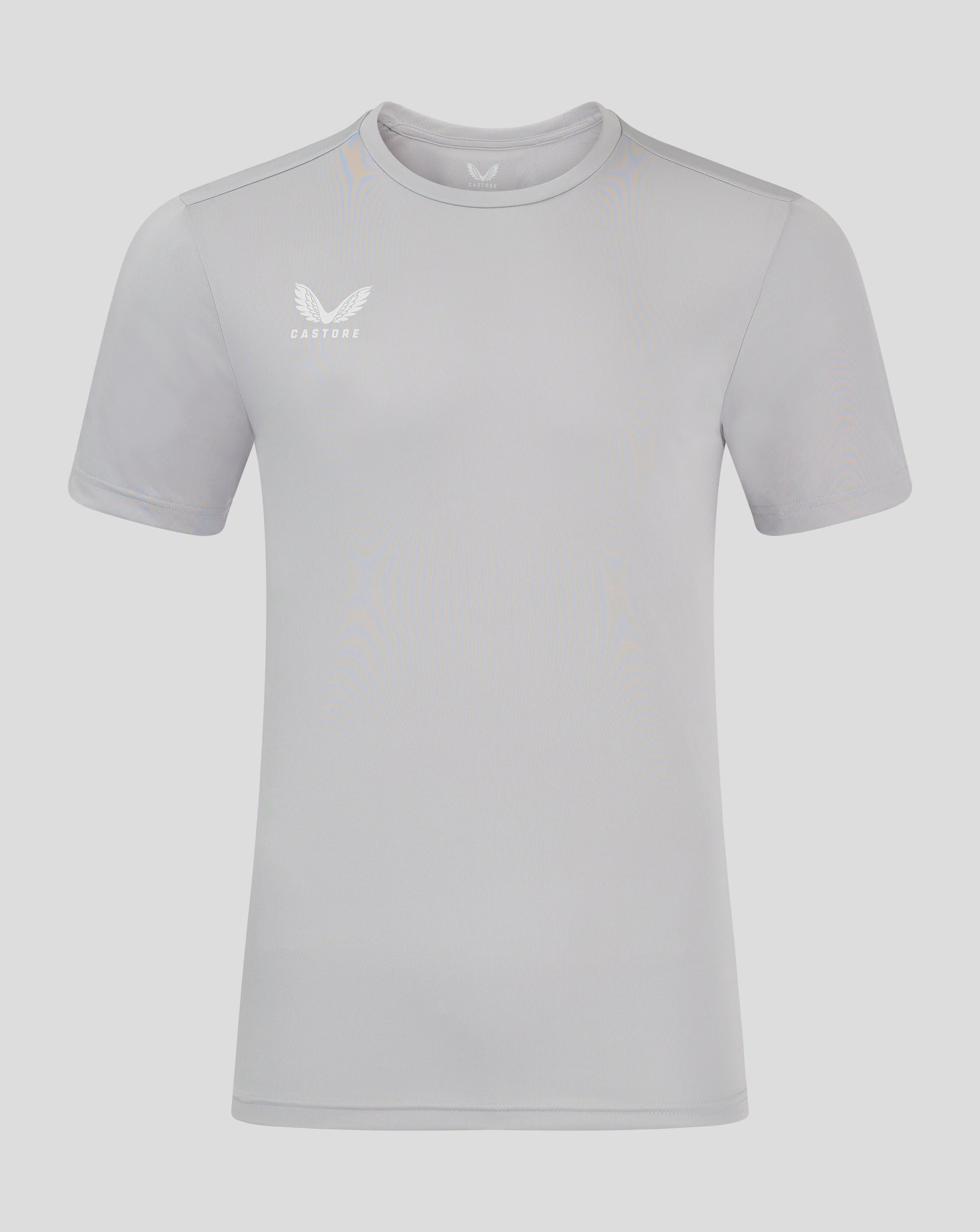 Front view of light gray men's performance tee with white Castore wing logo on left chest