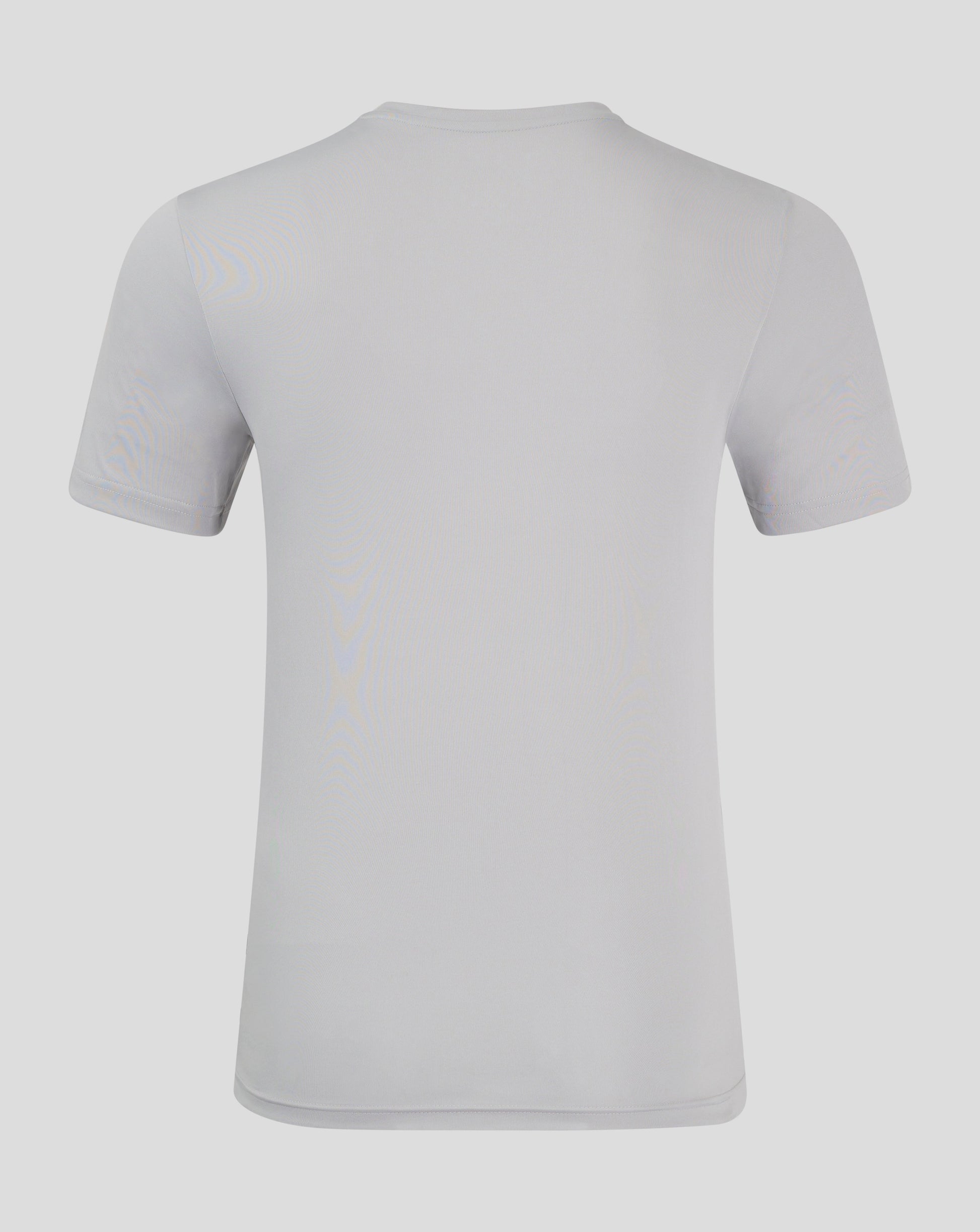Back view of light gray performance tee featuring crew neck and shoulder seam