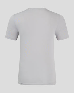 Back view of light gray performance tee featuring crew neck and shoulder seam